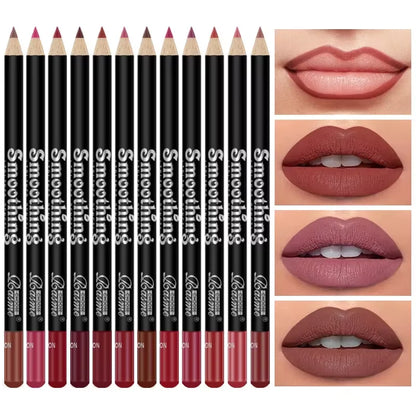 Blushimmer 12-color lip liner pen set with black rod, non-stick cup, easy to color, professional makeup lipstick pencils.