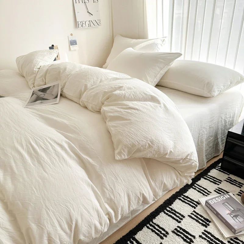 Bed Linen Solid Cotton Bedding Set with Sheet Duvet Cover Pillowcases Single Couple Bedsheet King Queen Double Twin Size