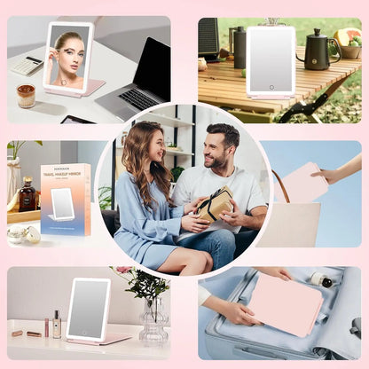 Blushimmer LED folding travel makeup mirror with 3 light modes, USB rechargeable touch screen, portable tabletop cosmetic mirror