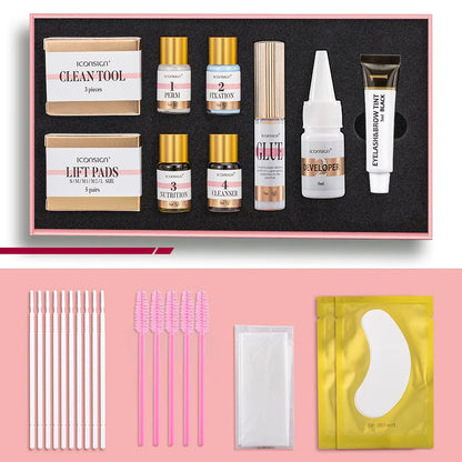 Blushimmer ICONSIGN Lash Lift and Tint Kit with eyelash perm and brow dye, showing the kit's included tools and products.