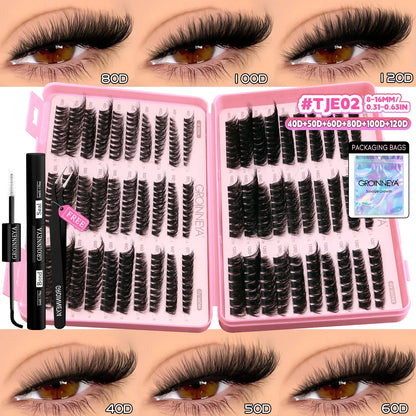 Blushimmer GROINNEYA Lash Clusters Kit with wispy eyelash clusters, lash bond and seal for DIY at-home eyelash extensions.