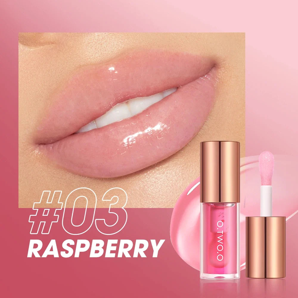 Blushimmer O.TWO.O Lip Oil Gloss with shiny, water-like finish, featuring glitter and moisturizing lip plumper for a glossy, sexy look.