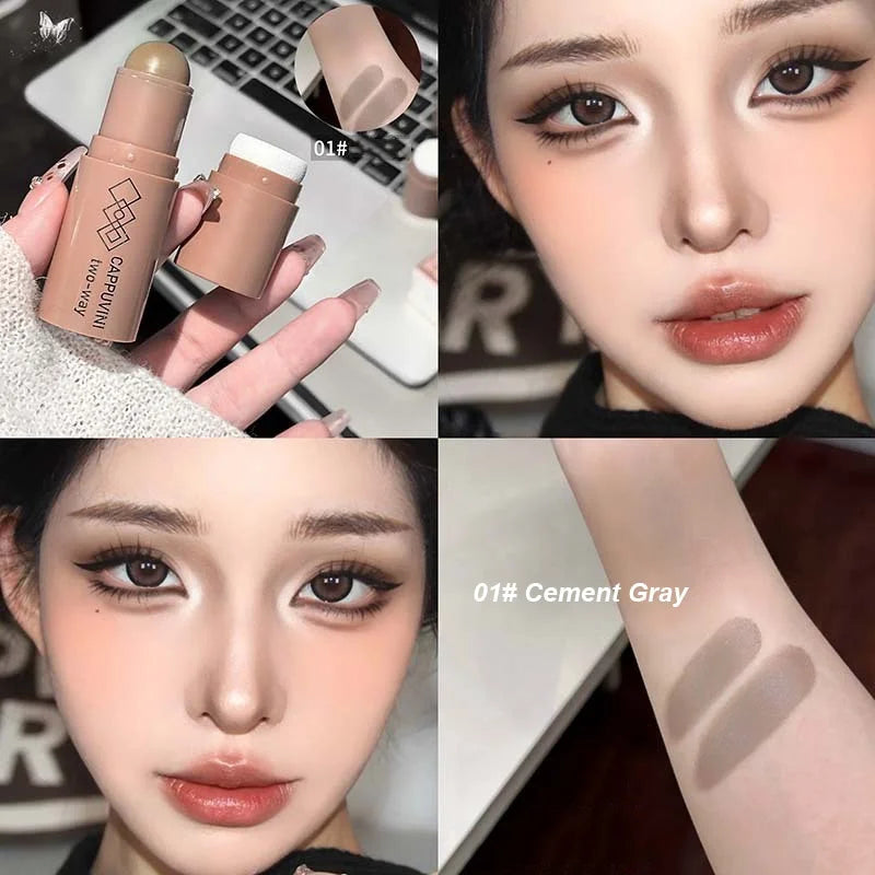 Blushimmer double-head face bronzer contour stick with brush, featuring light and dark shades for facial contouring and brightening.