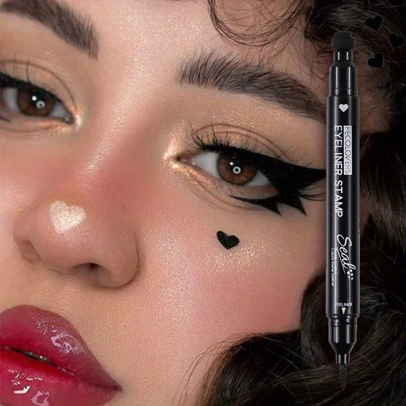 Blushimmer 2-in-1 Star & Moon Stamp Liquid Eyeliner in black, waterproof with star and moon stamps, applied on eyelids.