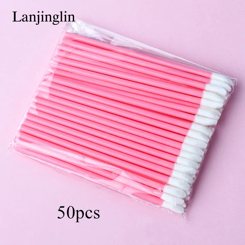 Set of 50 reusable Lanjinglin lip brushes by Blushimmer, featuring applicator wands and eyelash extension tools for makeup.