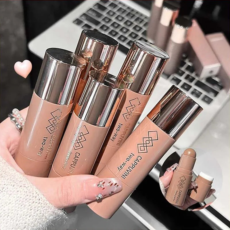 Blushimmer double-head face bronzer contour stick with brush, featuring light and dark cream shades for contouring and facial brightening.