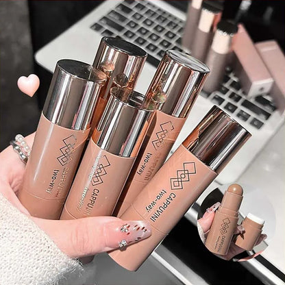 Blushimmer double-head face bronzer contour stick with brush, featuring light and dark cream shades for contouring and facial brightening.