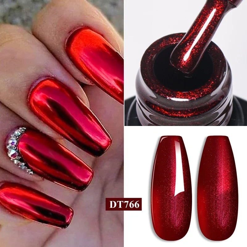 Blushimmer Meet Across 7ml red metallic gel nail polish with gold silver mirror finish, glitter, sparkles, and semi-permanent UV soak-off formula.