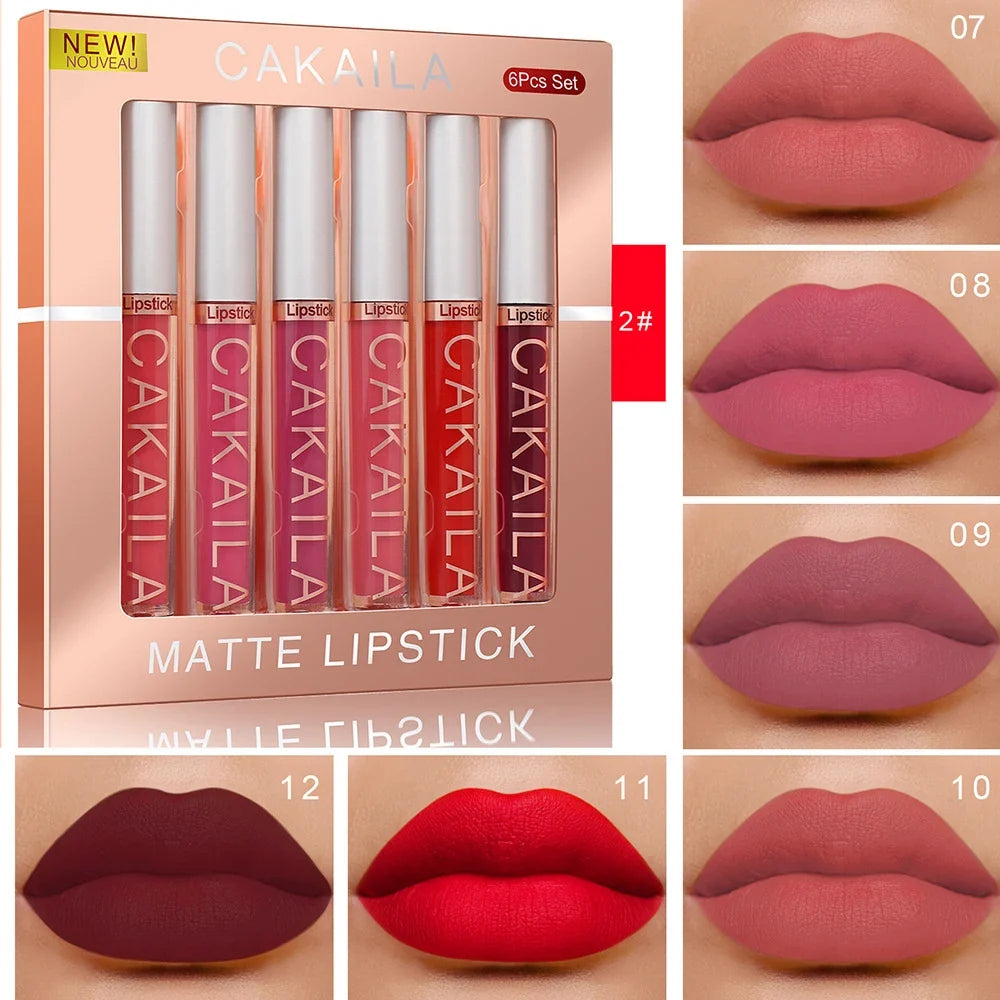 CAKAILA Blushimmer 6-color liquid matte lipstick set with waterproof, long-lasting velvet lip glosses in various shades.