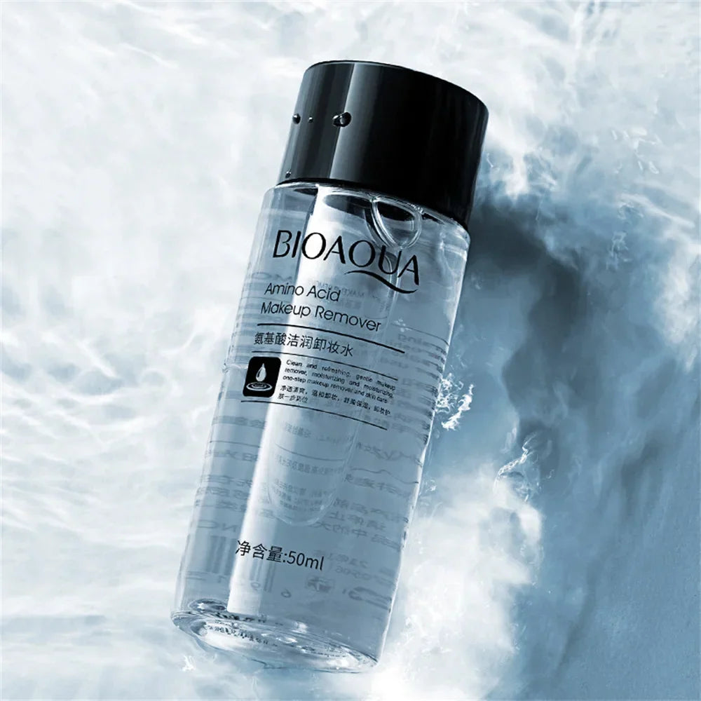 Blushimmer 50ml portable makeup remover cleansing liquid with water, gentle for lips, eyes, and face, ideal for travel and refreshing skin.