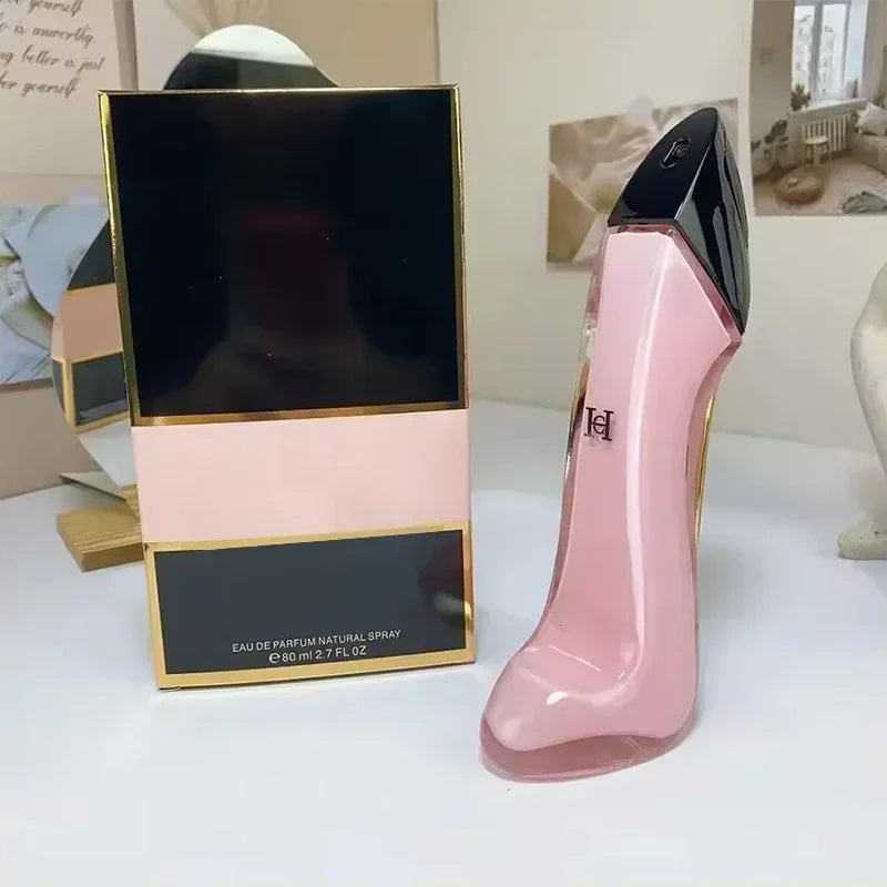 Elegant 80ml women's floral perfume bottle by Blushimmer with a high heel design, showcasing the luxurious spray fragrance.