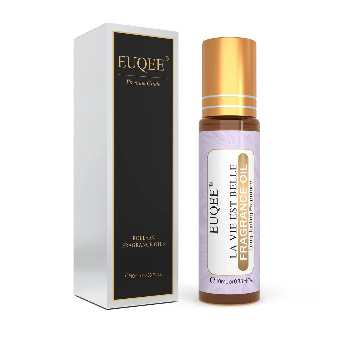 Blushimmer EUQEE 10ml fragrance oil roll-on with La Vie Est Belle, CHANCE, J'adore, Cotton, Strawberry, Mango scents in sleek bottle.