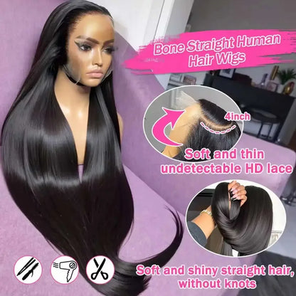 Selvanelle 38-inch straight human hair lace front wig with HD lace, pre-plucked, glueless, bone straight, 13x6 frontal for women