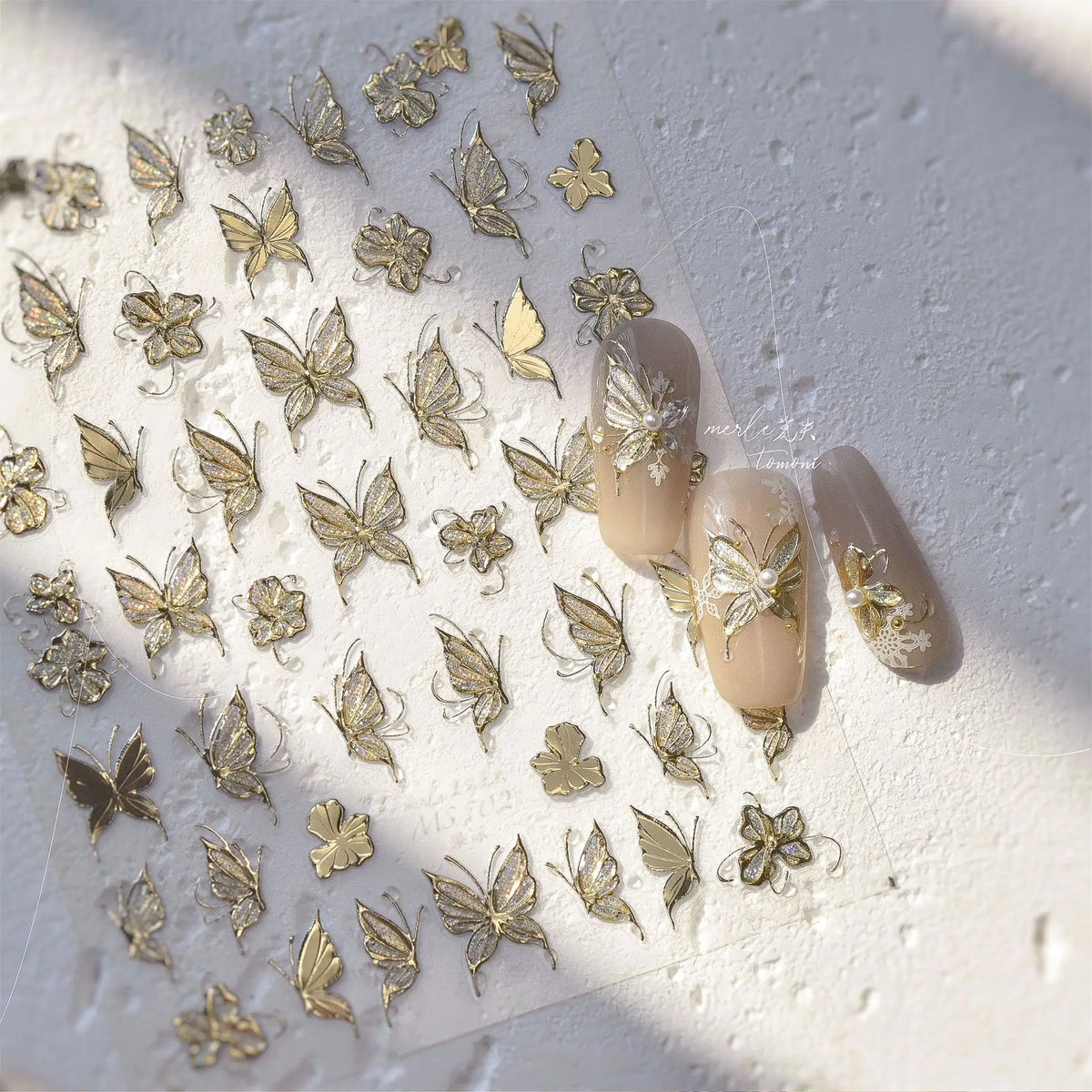 Shiny jelly butterfly 5D nail art sticker with rhinestones and insect design on a clear background for DIY manicure decoration.