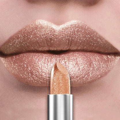 Blushimmer 21-color metallic lipstick with glitter and pearlescent finish, showcasing a bold, shiny lip tint in a sleek tube.
