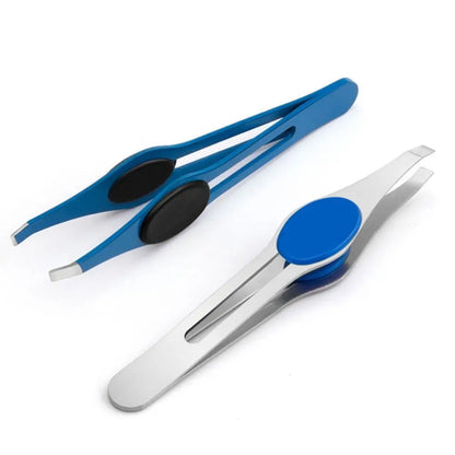 Blushimmer stainless steel eyebrow tweezer with slanted tip for precise hair removal and shaping of eyebrows.