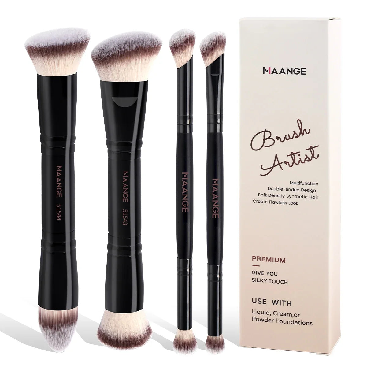 Blushimmer MAANGE 4-piece basic makeup brushes set with box, including foundation, powder, blush, and eyeshadow brushes for beginners.