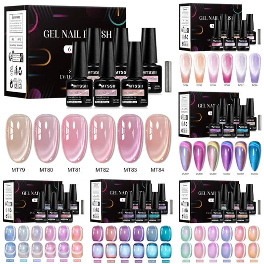 Set of 7 pink and colorful shiny cat magnetic gel nail polishes by Blushimmer, featuring semi-permanent UV soak-off gel varnish with magnetic rods.