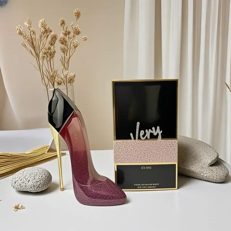 Blushimmer luxury floral perfume spray in an elegant 80ml high heel bottle, stylish design, perfect for women’s fragrance and gift.