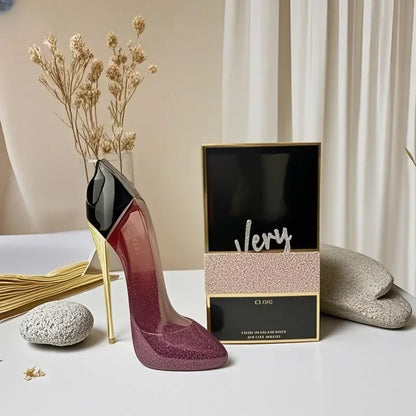 Blushimmer luxury floral perfume spray in an elegant 80ml high heel bottle, stylish design, perfect for women’s fragrance and gift.