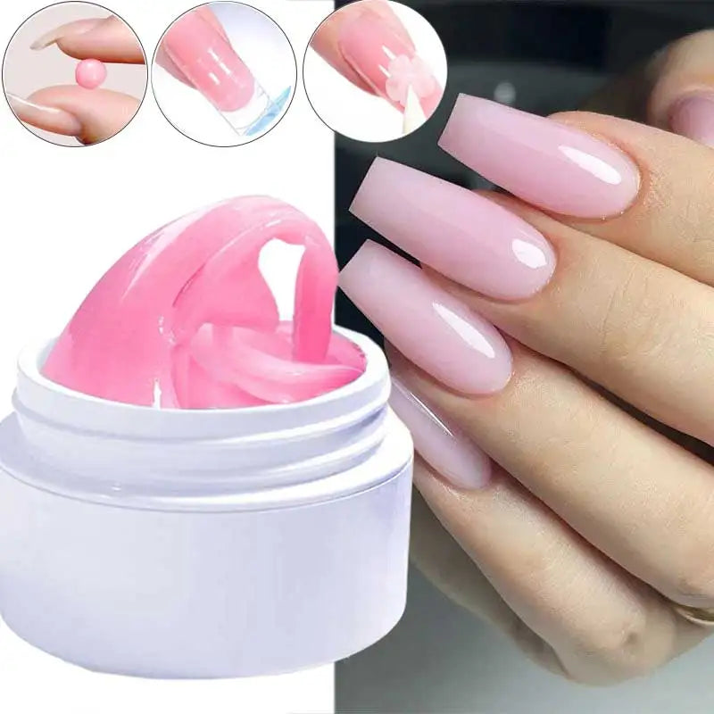 Close-up of Blushimmer clear 5/15ml non-stick hand extension gel for nail shaping, sculpting, and carving with a smooth, milky jelly texture.