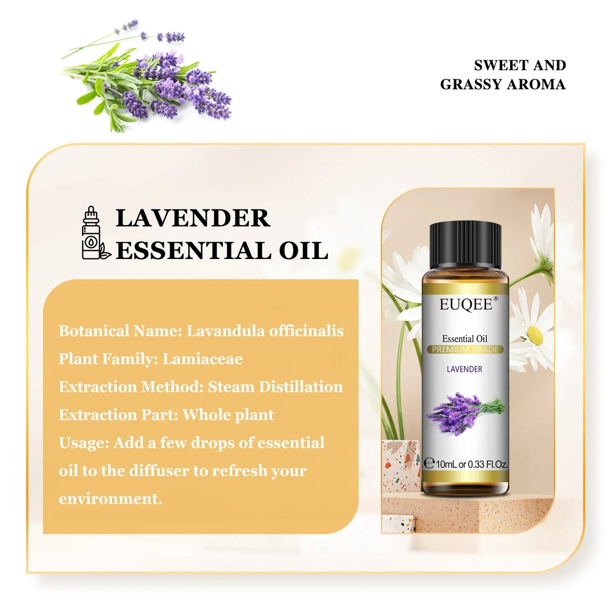 EUQEE 10ml natural essential oils including lavender, jasmine, eucalyptus, vanilla, sandalwood, orange, lemon, oregano, and neroli.