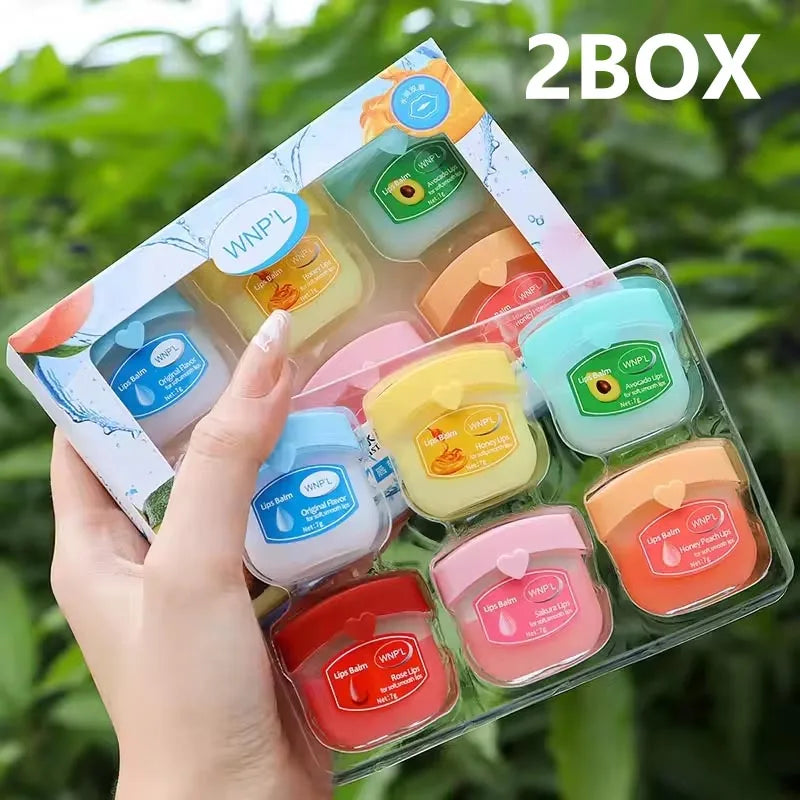 Blushimmer Fruit Series lip balm set featuring 4, 6, or 8 moisturizing, non-sticky lip masks in colorful fruit-inspired packaging.