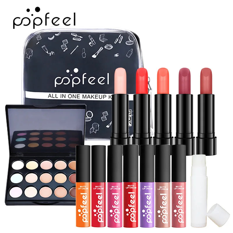 Blushimmer all-in-one makeup kit with eyeshadow palette, foundation, lip gloss, blush, brushes, and eyeline in a mixed color paste set.