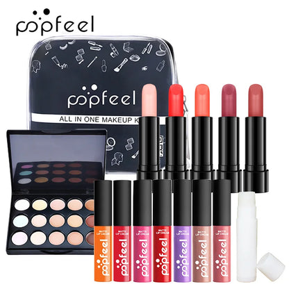 Blushimmer all-in-one makeup kit with eyeshadow palette, foundation, lip gloss, blush, brushes, and eyeline in a mixed color paste set.