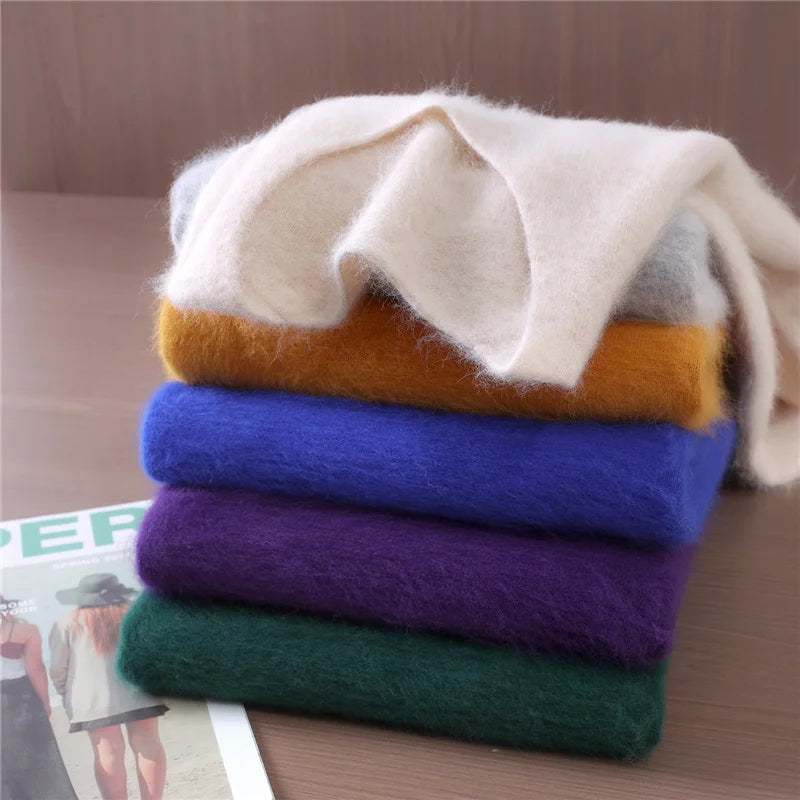 Autumn And Winter New High-End Female Mink Cashmere Sweater Solid Color Long-Sleeved Wool Knit Bottoming Sweater Loose Top