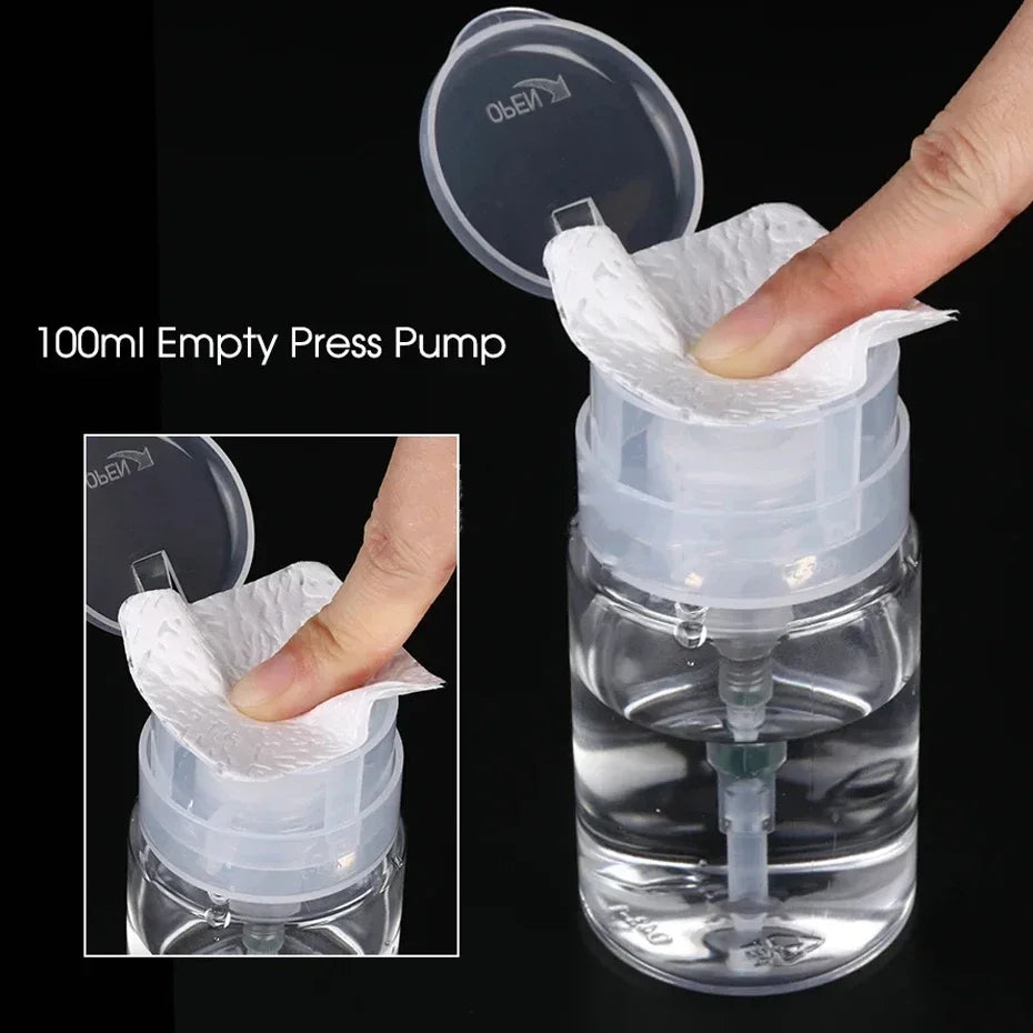Blushimmer 100 ml refillable nail polish remover bottles with press pump dispenser, ideal for nail art and manicure cleaning tools