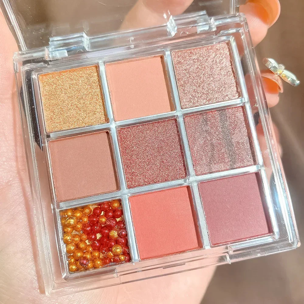 Blushimmer chocolate eye shadow palette with 9 pearly, matte, and shiny earth-toned colors, featuring eye pigments and sequin finishes.