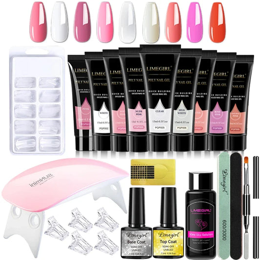 Blushimmer Limegirl 15ml extension nail gel set with 6W LED lamp for full manicure, finger extension, and mold nail applications.