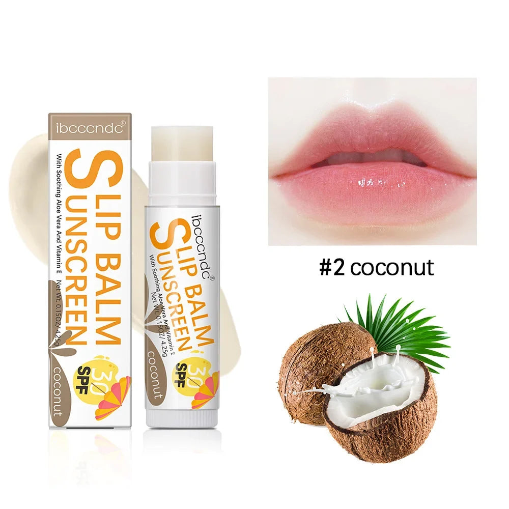 Blushimmer SPF 30 sunscreen lip balm with watermelon, coconut, banana flavors, moisturizing colorless lipstick for sun protection.