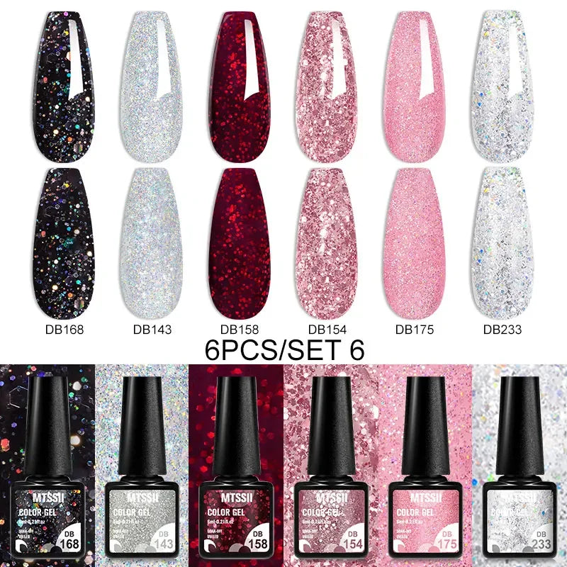 Blushimmer MTSSII 6-piece set of sparkly red gel nail polish bottles with shiny, glittery finish for manicures and nail art.
