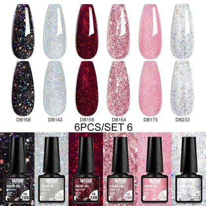Blushimmer MTSSII 6-piece set of sparkly red gel nail polish bottles with shiny, glittery finish for manicures and nail art.