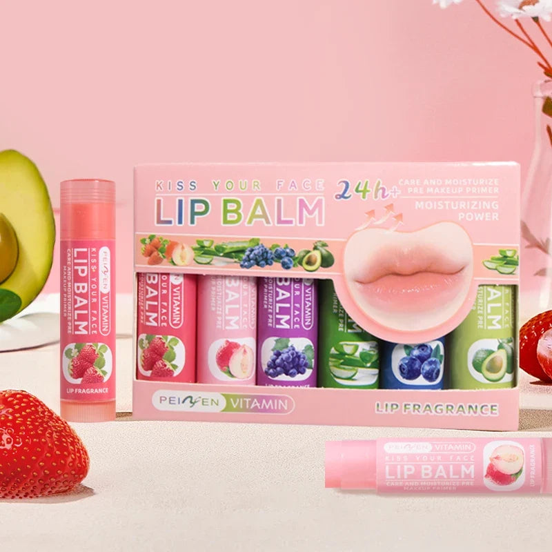 Blushimmer DNM Multi Fruit Flavors moisturizing lip balm set with six hydrating lip care balms for women and men, displayed in a row.