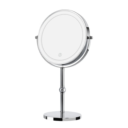 Blushimmer lighted makeup mirror with touch control, 1x/10x magnification, rechargeable, 360° rotation, bright LED lights.