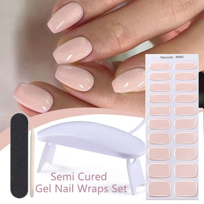 Blushimmer Harunouta 4-piece gradient jelly semi-cured gel nail strips with nude pink waterproof design and matching nail lamp.