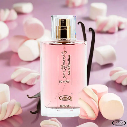 Al-Rehab Choco Musk Marshmallow Eau de Parfum for women, 50ml, featuring strawberry, marshmallow, and cocoa notes, displayed in a perfume bottle.