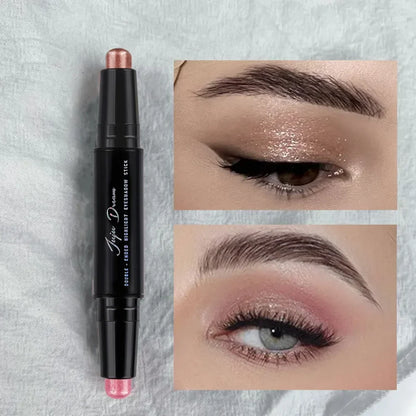 Blushimmer dual-ended eyeshadow stick with matte and shimmer shades, waterproof, long-lasting cream pencil for smoky or natural looks.