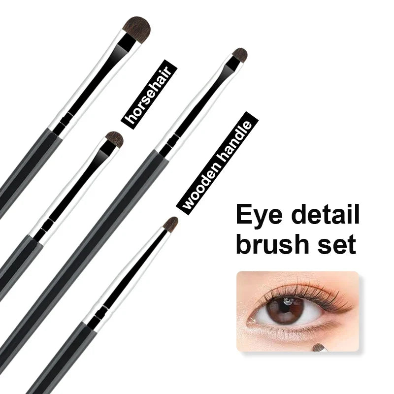 Set of four small Blushimmer eyeshadow and eyeliner brushes with pony hair for detailed eye makeup and concealer application.