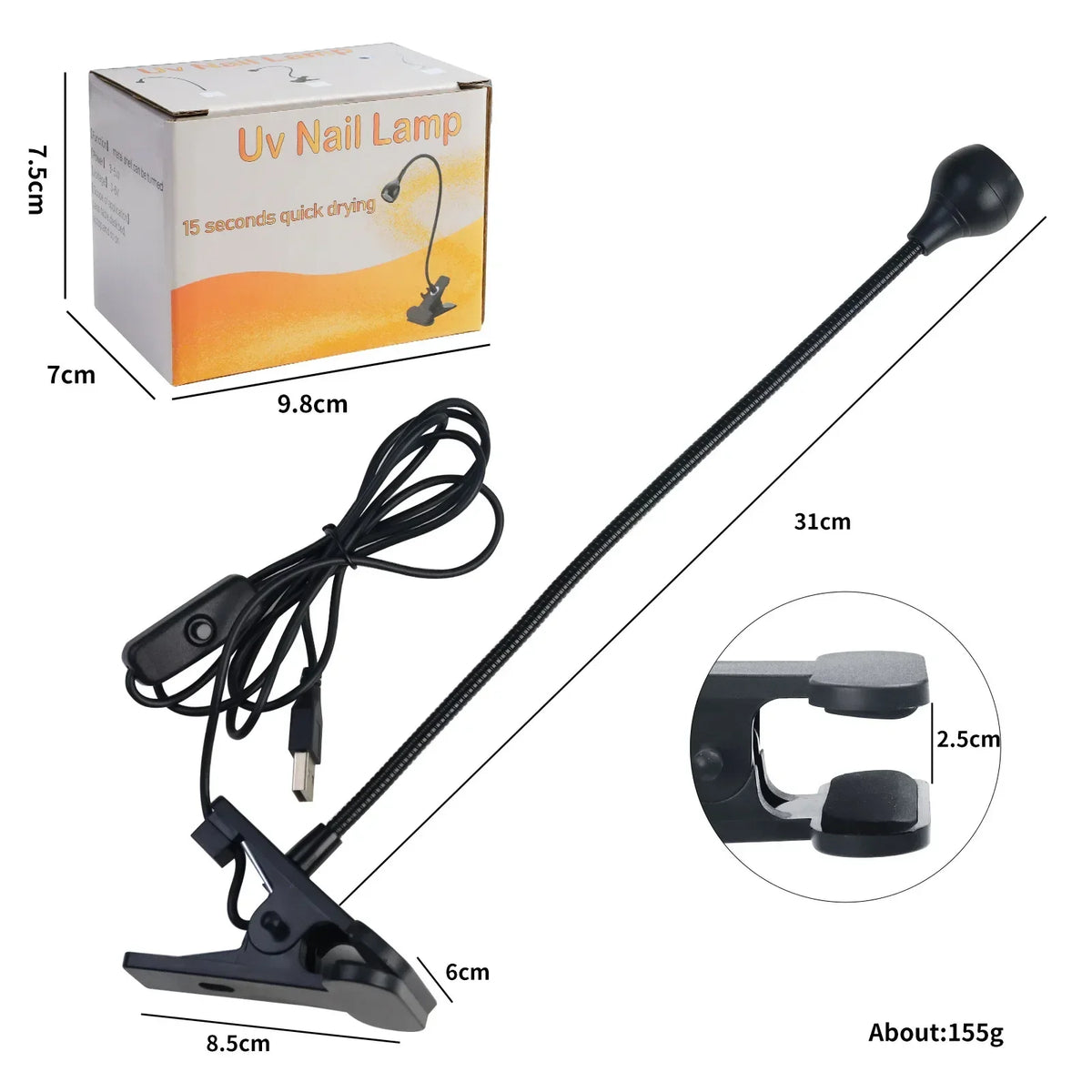 Blushimmer portable LED UV nail dryer with flexible clip-on design and mini USB power for gel polish curing on a manicure desk