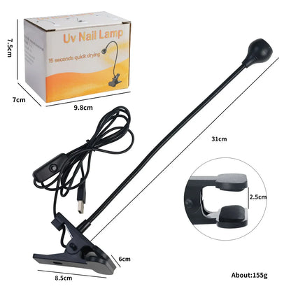 Blushimmer portable LED UV nail dryer with flexible clip-on design and mini USB power for gel polish curing on a manicure desk
