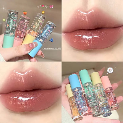 Blushimmer moisturizing shimmer lip gloss with hydrating jelly and mirror glaze finish, featuring a glossy, reflective appearance.
