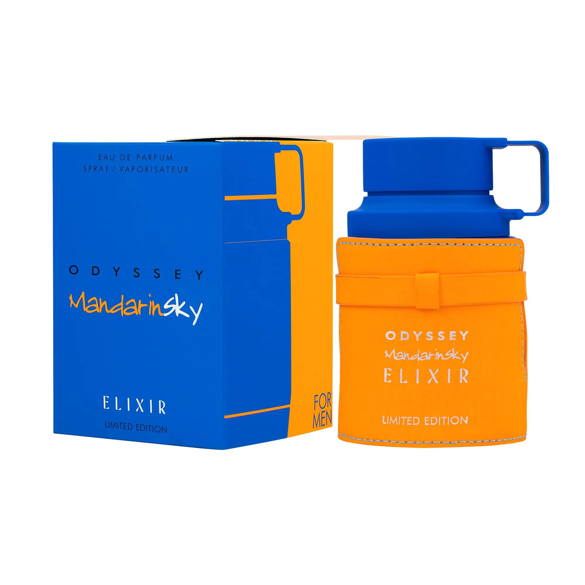 Armaf Odyssey Mandarin Sky Elixir unisex perfume spray in 3.4 oz bottle, limited edition by Blushimmer, featuring a bright citrus scent.