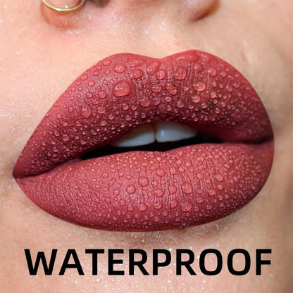 Blushimmer matte velvet lip gloss in nude and red shades, waterproof liquid lipstick with black lips tint and lip glaze makeup.
