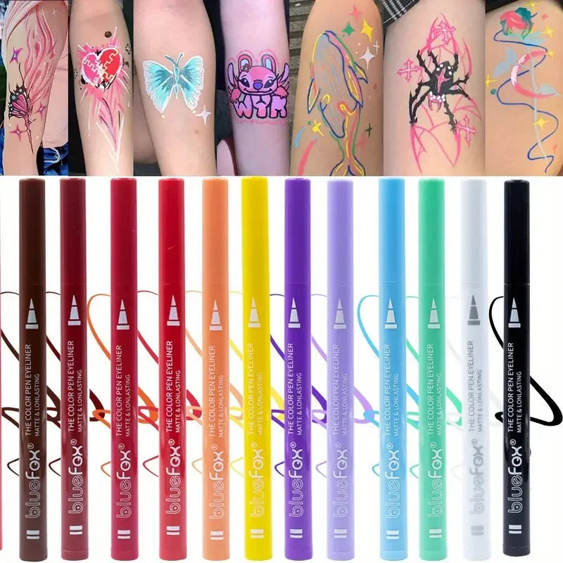 12-color waterproof liquid eyeliner and face paint pen set by Blushimmer, with vibrant colors and fine tips for detailed application