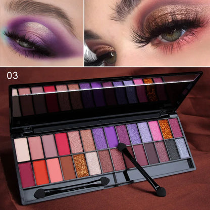 Blushimmer matte shimmer eyeshadow palette with 28 waterproof, long-lasting colors and dual-ended brush for professional makeup.