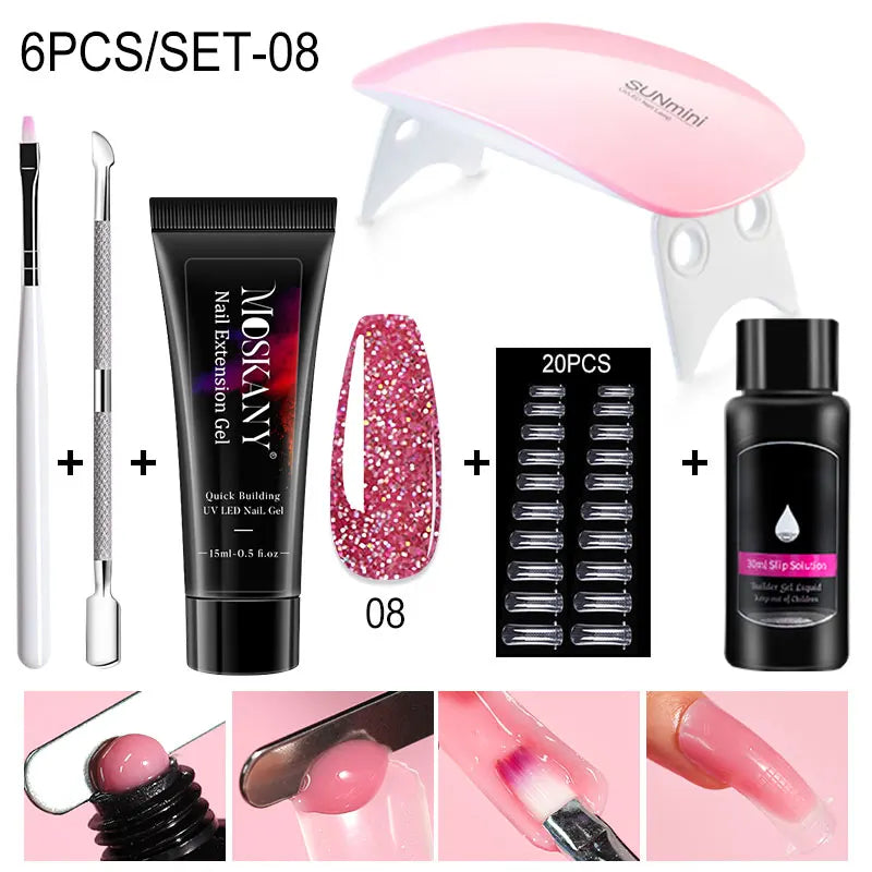 Blushimmer poly nail gel full set with 6W LED lamp, nail tips, 3D decoration, and manicure tools for beginners.